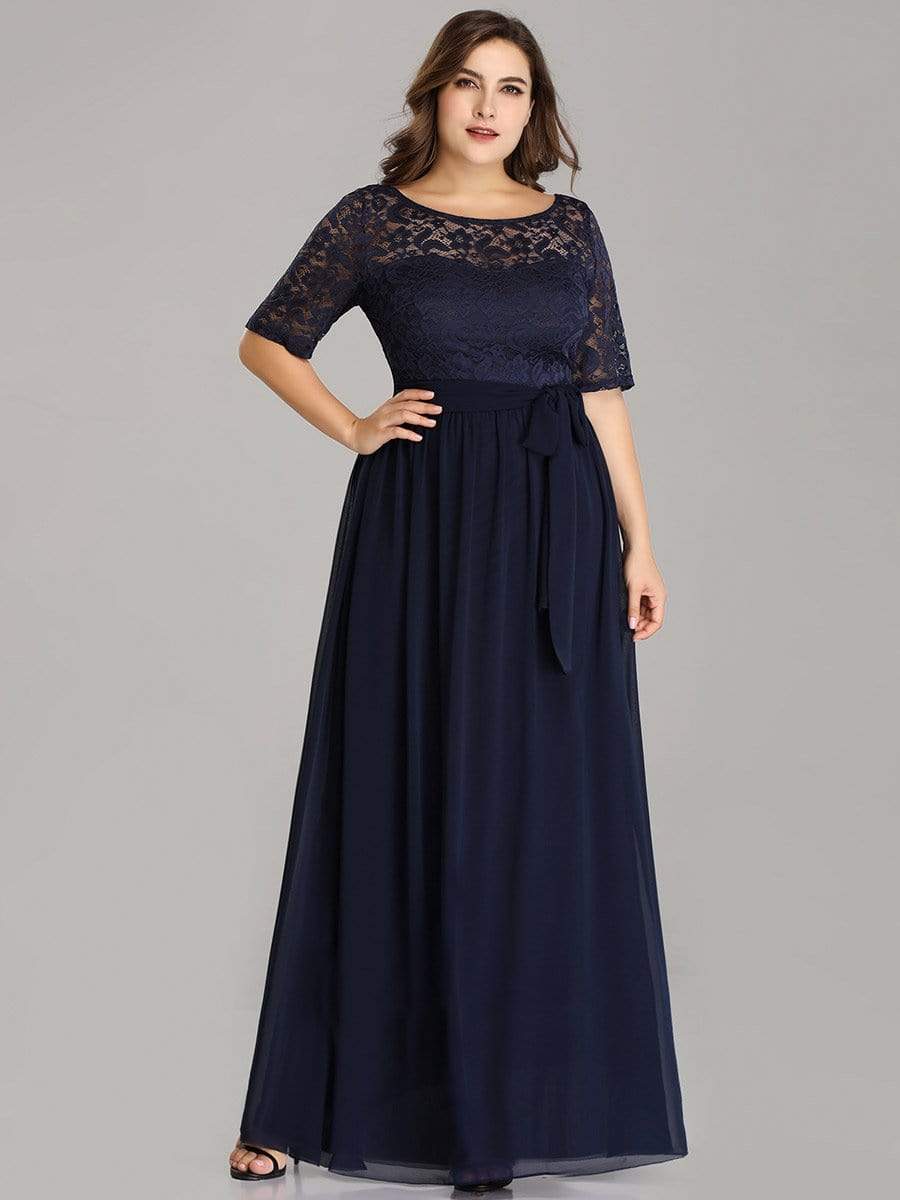 Maxi Long Lace Illusion Plus Size Mother Of the Bride Dresses #color_Navy Blue 