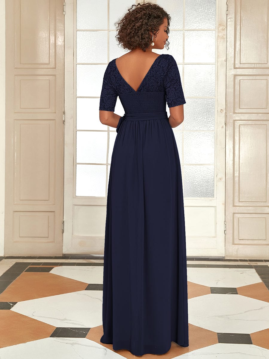 Elegant Lace Bodice Chiffon Maxi Evening Dress with Belt #color_Navy Blue 