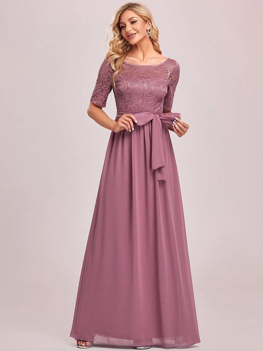 Elegant Lace Bodice Chiffon Maxi Evening Dress with Belt #color_Purple Orchid 