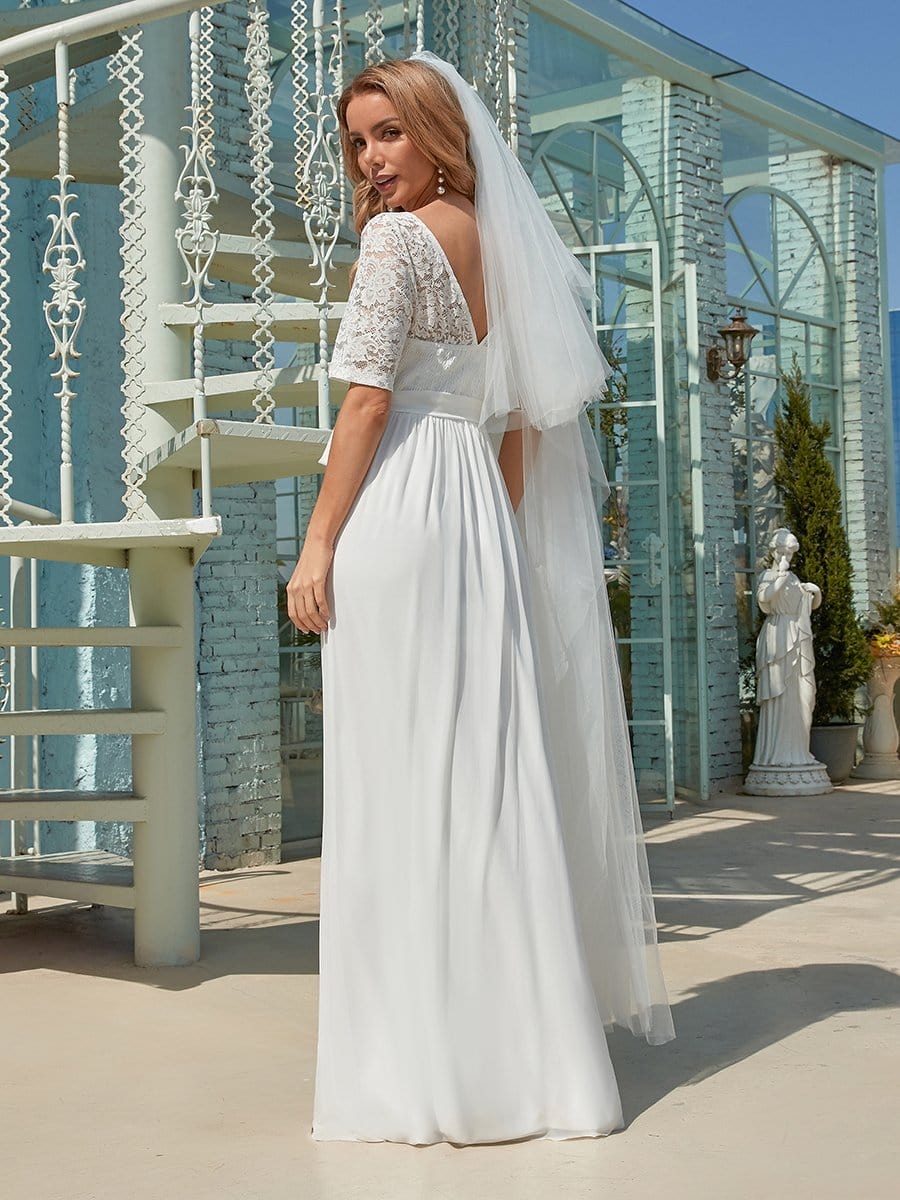 Elegant Lace Bodice Chiffon Maxi Evening Dress with Belt #color_White 