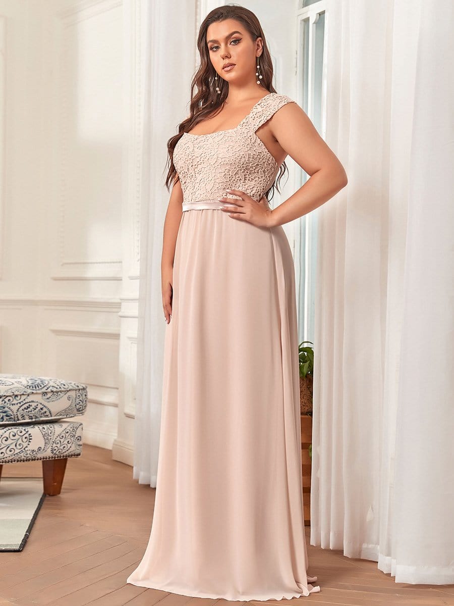 Plus Size Elegant A Line Long Chiffon Bridesmaid Dress With Lace Bodice