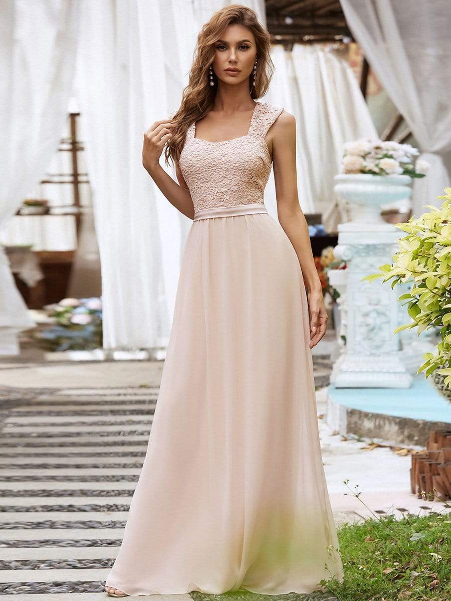 Elegant A Line Long Chiffon Bridesmaid Dress With Lace Bodice #color_Blush 