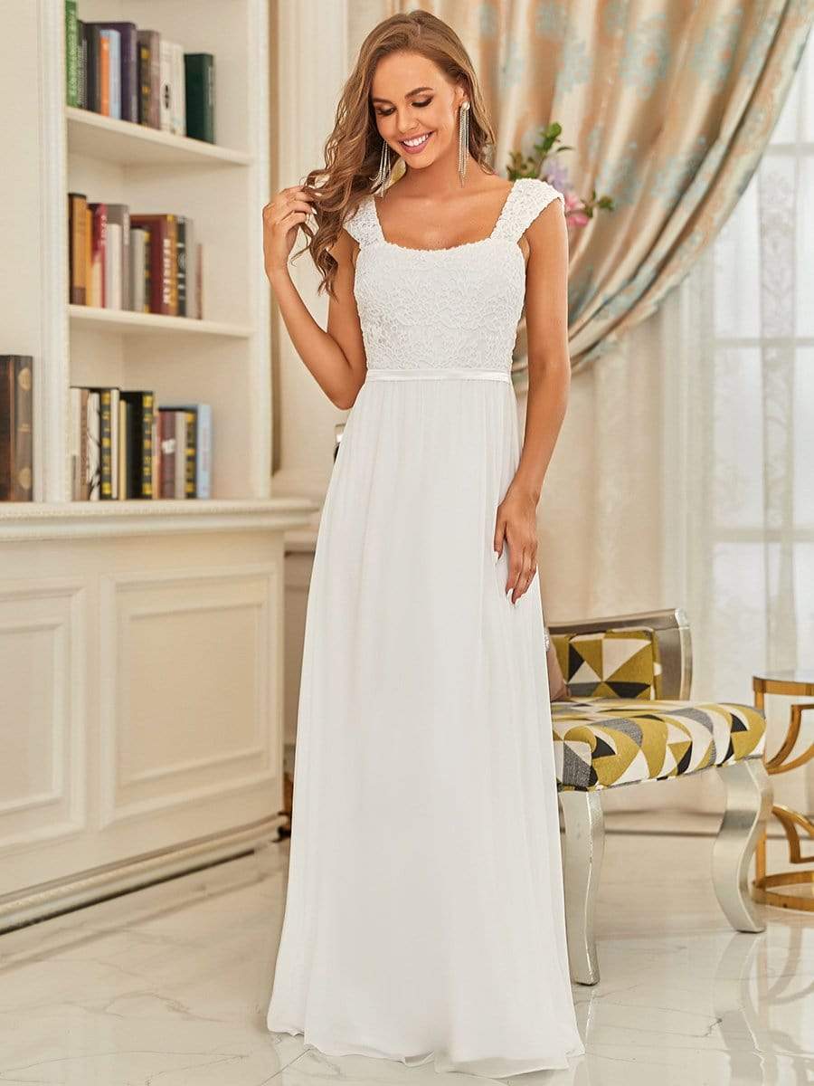Elegant A Line Long Chiffon Bridesmaid Dress With Lace Bodice #color_Cream 