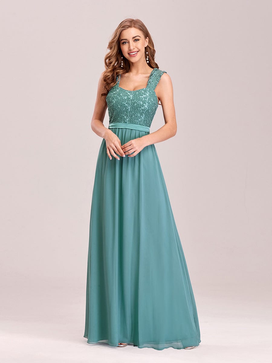Custom Size Elegant A Line Long Chiffon Bridesmaid Dress With Lace Bodice #color_Dusty Blue
