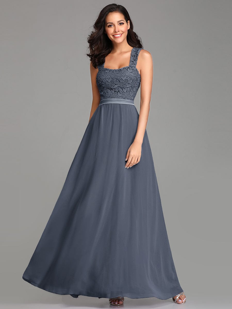 Custom Size Elegant A Line Long Chiffon Bridesmaid Dress With Lace Bodice #color_Dusty Navy