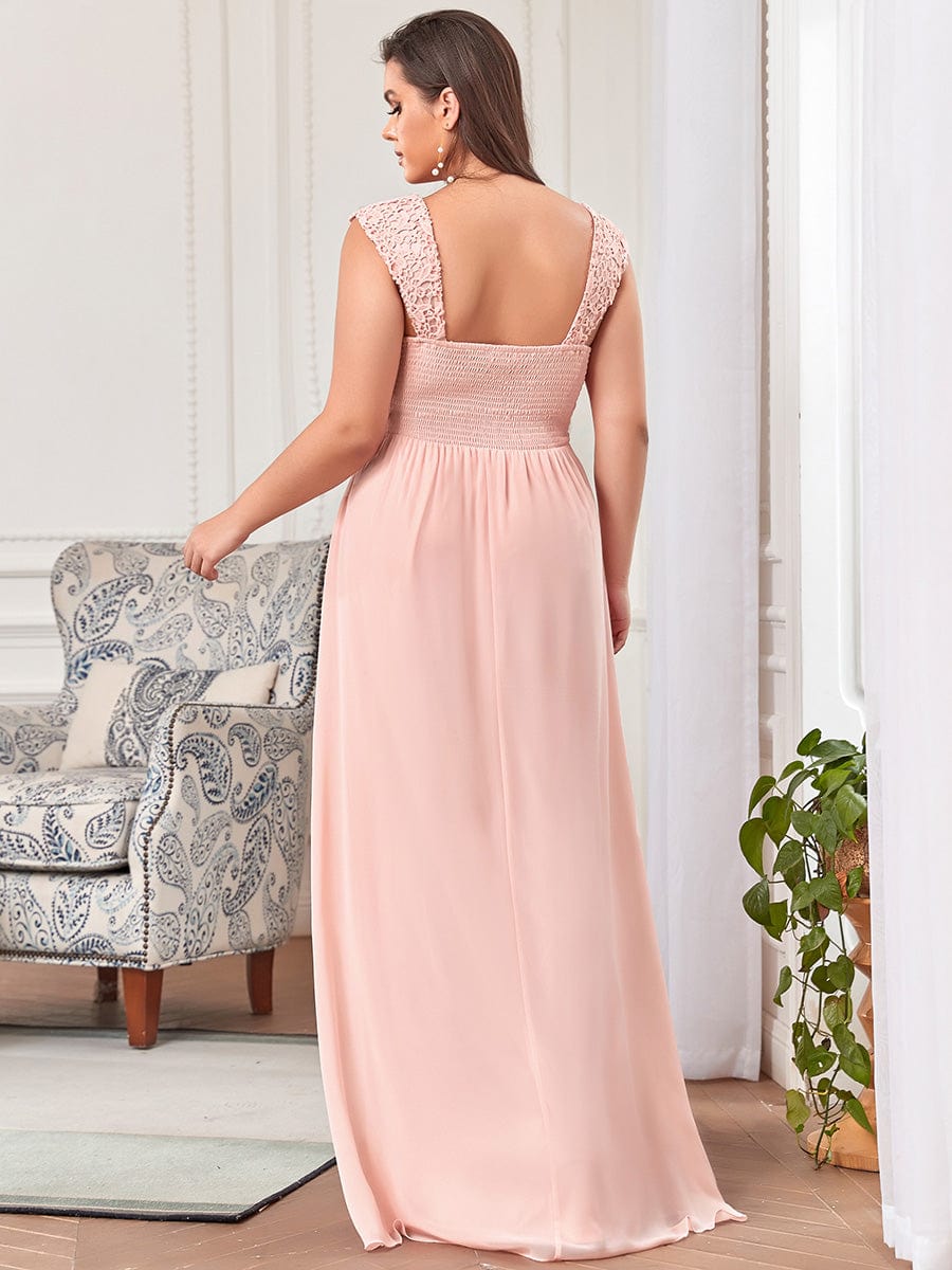 Custom Size Elegant A Line Long Chiffon Bridesmaid Dress With Lace Bodice #color_Pink