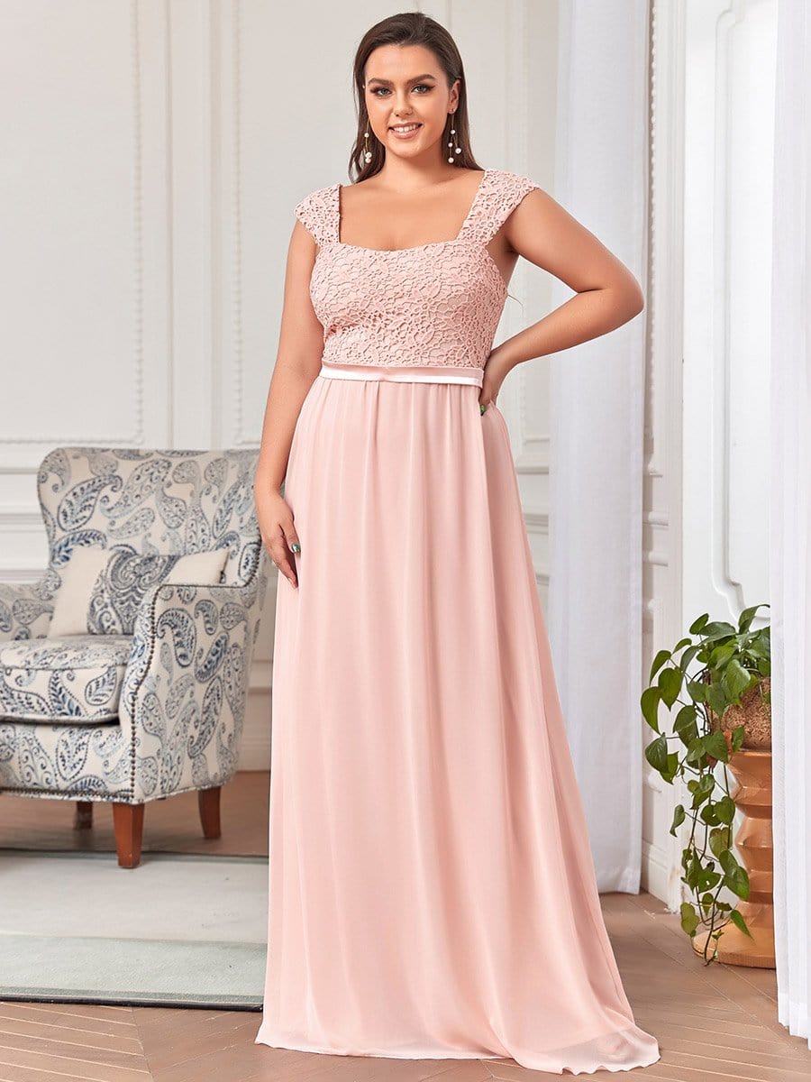 Plus Size Elegant A Line Long Chiffon Bridesmaid Dress With Lace Bodice #color_Pink 