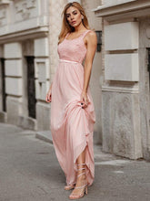 Elegant A Line Long Chiffon Bridesmaid Dress With Lace Bodice #color_Pink 
