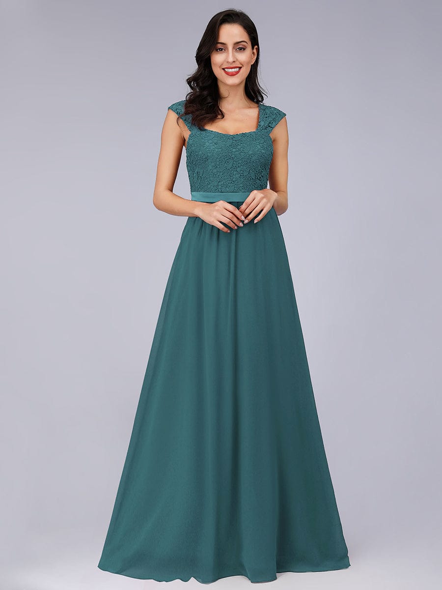 Custom Size Elegant A Line Long Chiffon Bridesmaid Dress With Lace Bodice #color_Teal