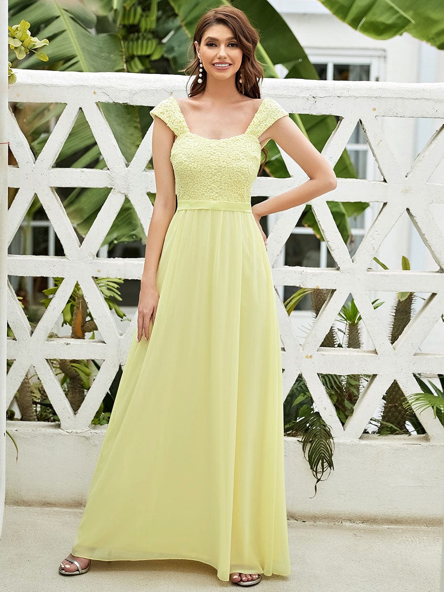 Custom Size Elegant A Line Long Chiffon Bridesmaid Dress With Lace Bodice #color_Yellow