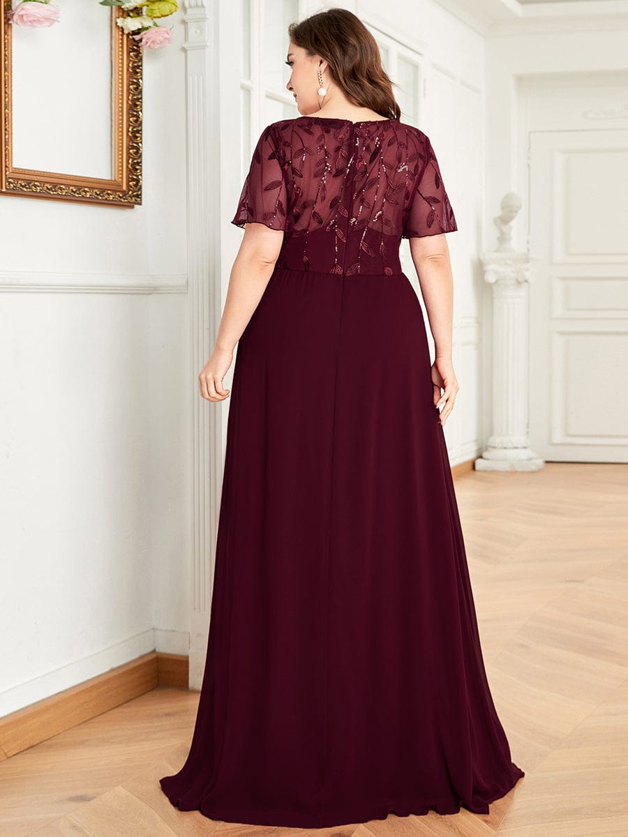 Plus Size V Neck Long Empire Formal Dresses with Sleeves #color_Burgundy 