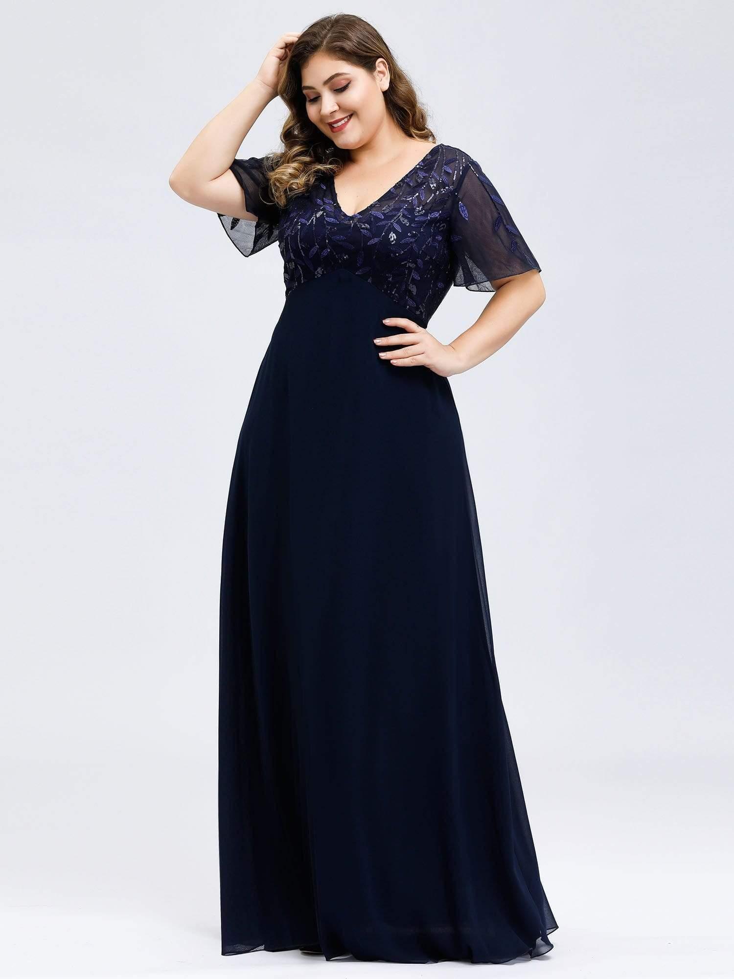 Plus Size V Neck Long Empire Formal Dresses with Sleeves