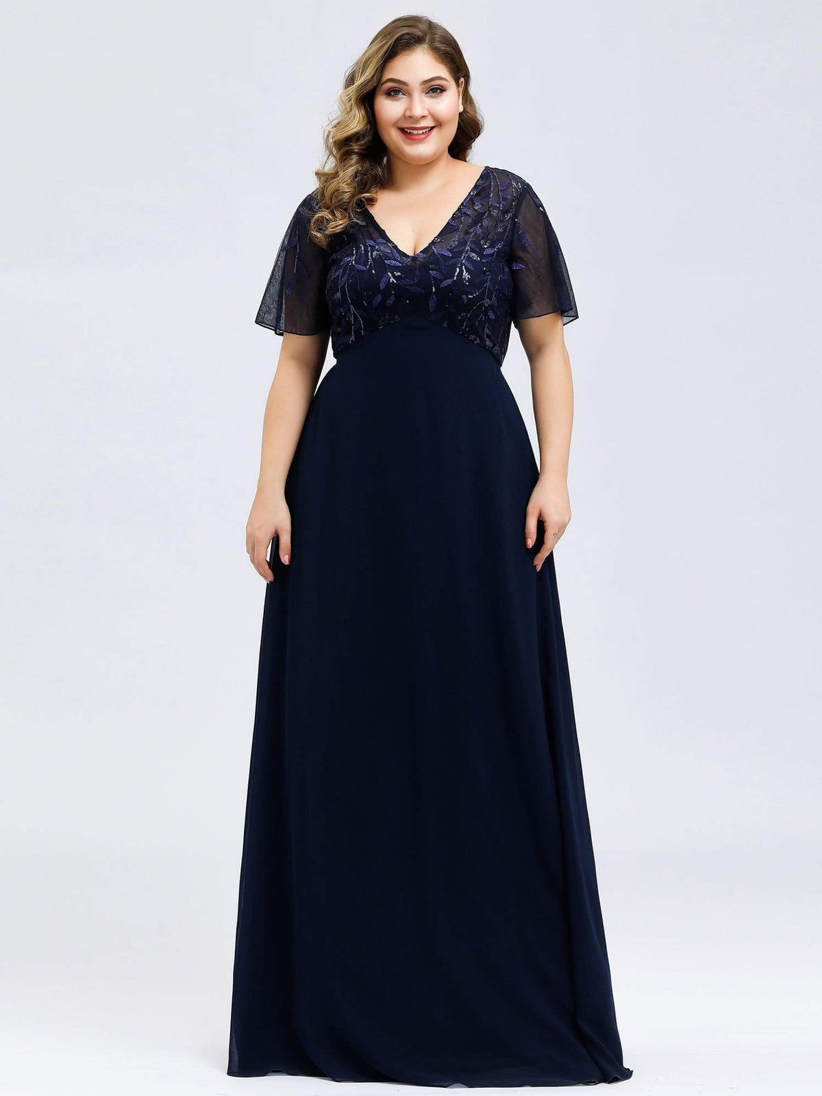 Plus Size V Neck Long Empire Formal Dresses with Sleeves #color_Navy Blue 