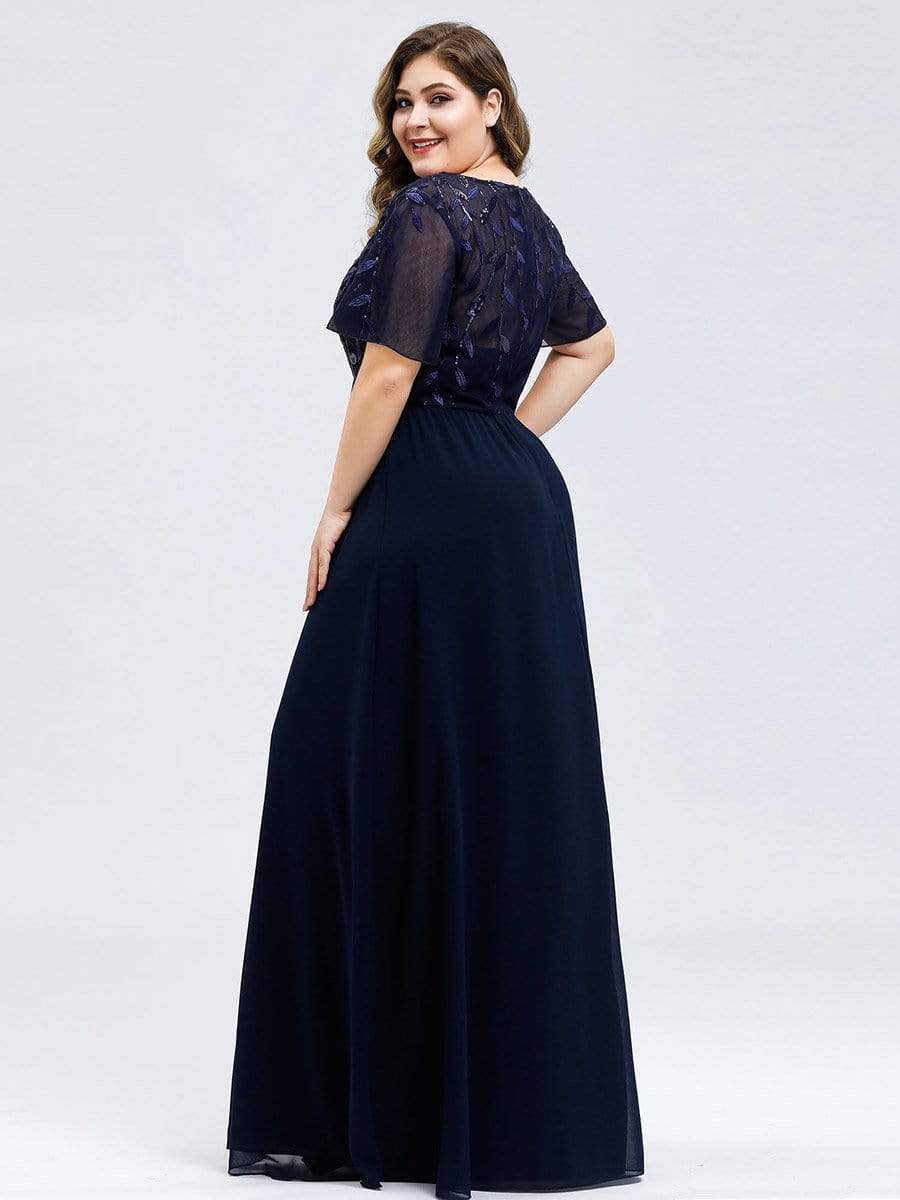 Custom Size Sequin Chiffon Evening Dresses with Sleeves #color_Navy Blue