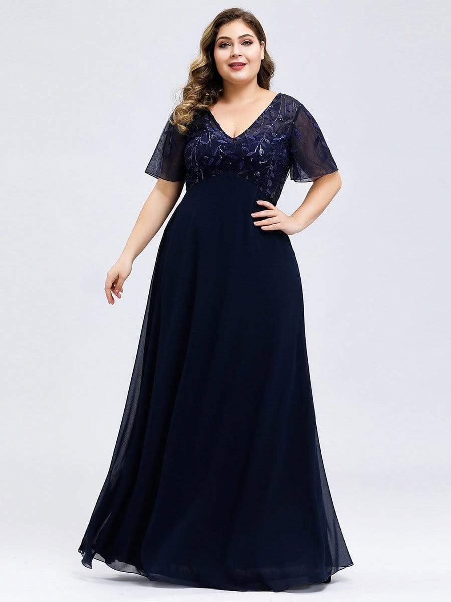 Custom Size Sequin Chiffon Evening Dresses with Sleeves #color_Navy Blue