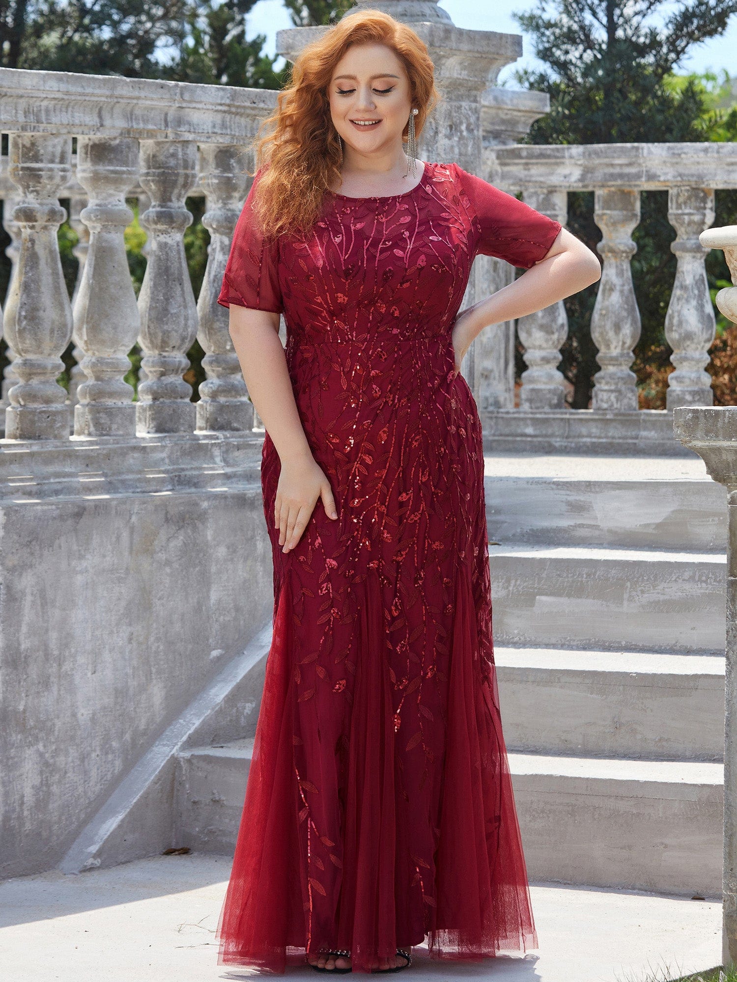Custom Size Floral Sequin Maxi Fishtail Tulle Prom Dress #color_Burgundy