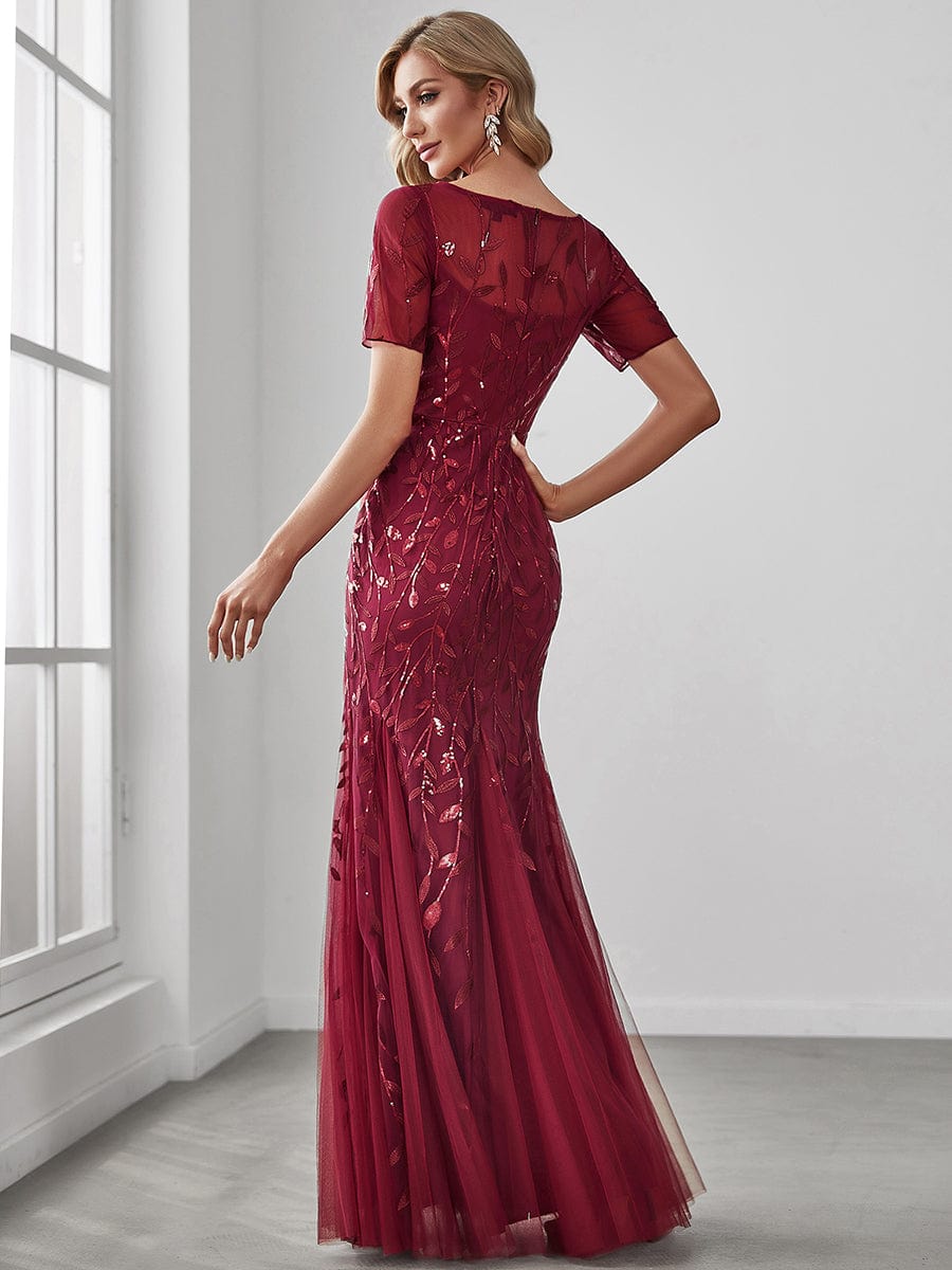 Floral Sequin Maxi Fishtail Tulle Prom Dress with Half Sleeve #Color_Burgundy