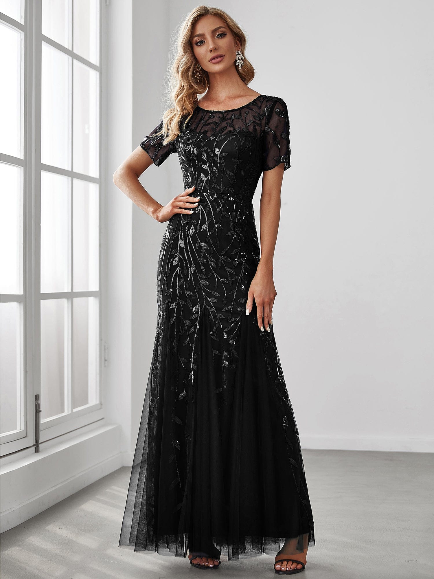 Floral Sequin Maxi Fishtail Tulle Prom Dress with Half Sleeve #Color_Black