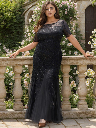 Floral Sequin Print Plus Size Mermaid Tulle Evening Dress #color_Black