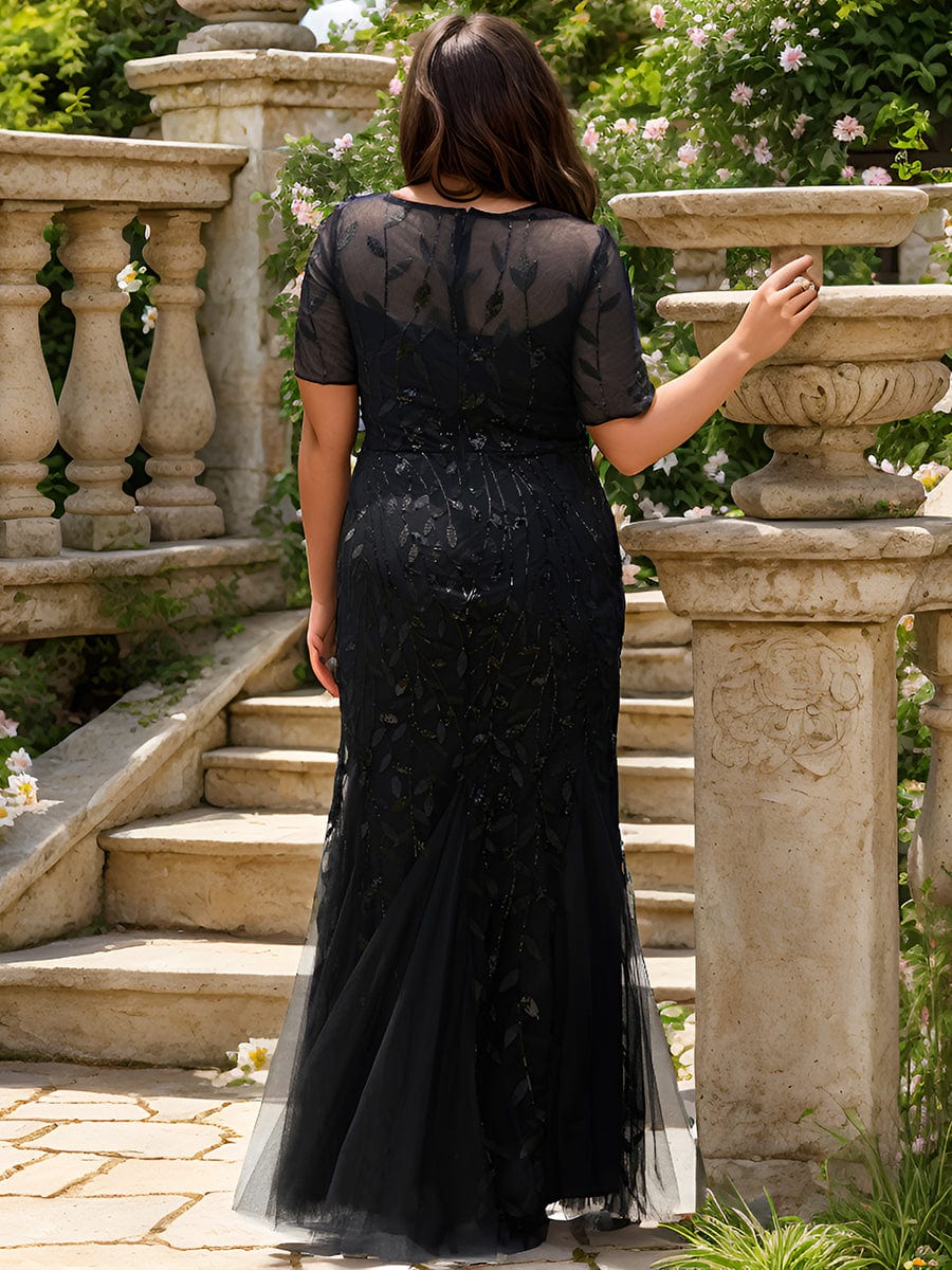 Floral Sequin Print Plus Size Mermaid Tulle Evening Dress #color_Black