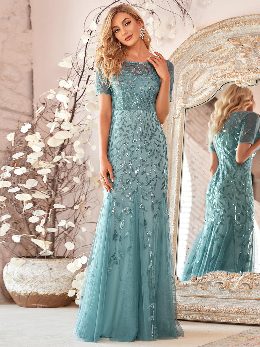 Floral Sequin Print Maxi Long Fishtail Tulle Dresses With Half Sleeve #Color_Dusty Blue