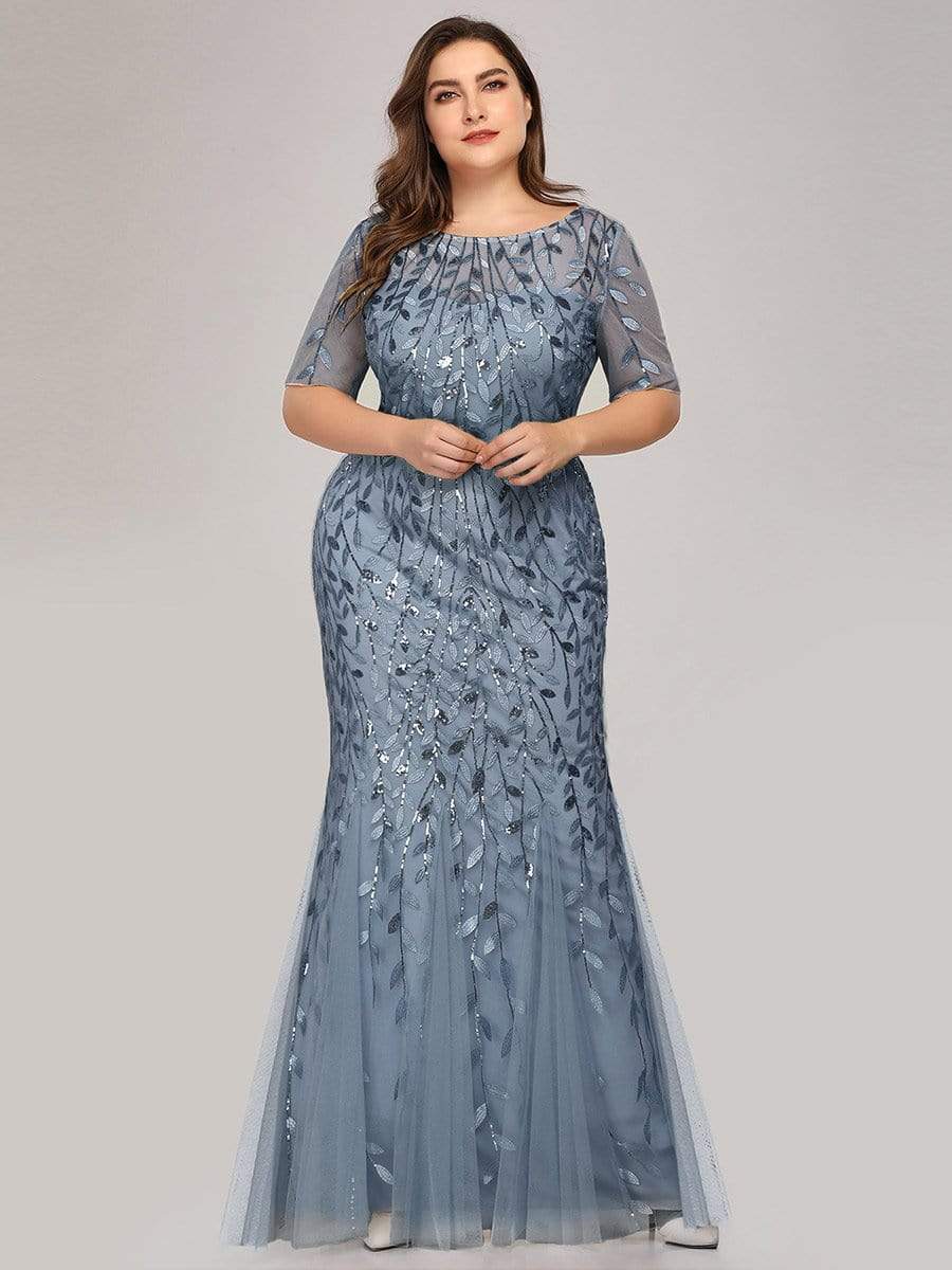 Floral Sequin Print Plus Size Mermaid Tulle Evening Dress