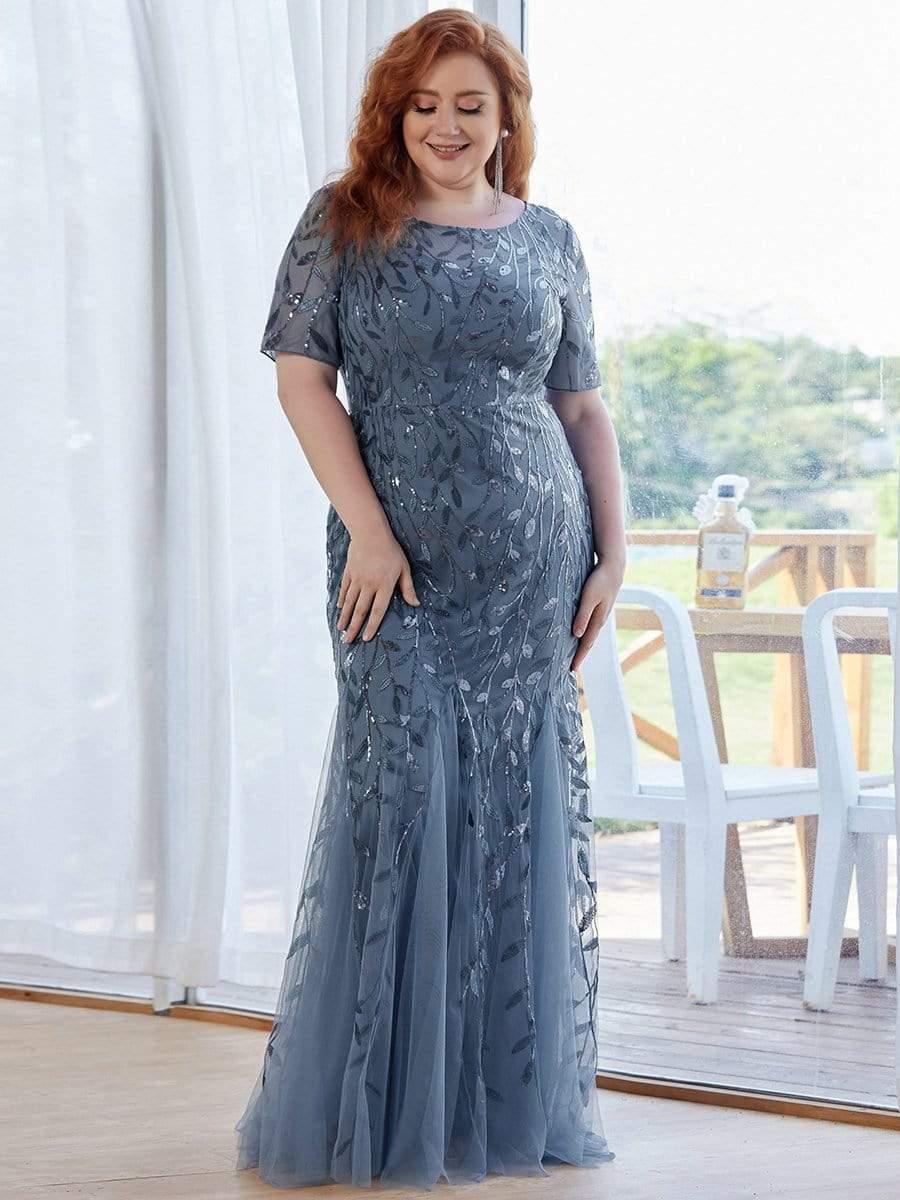 Floral Sequin Print Plus Size Mermaid Tulle Evening Dress #color_Dusty Blue