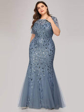 Floral Sequin Print Plus Size Mermaid Tulle Evening Dress #color_Dusty Navy 