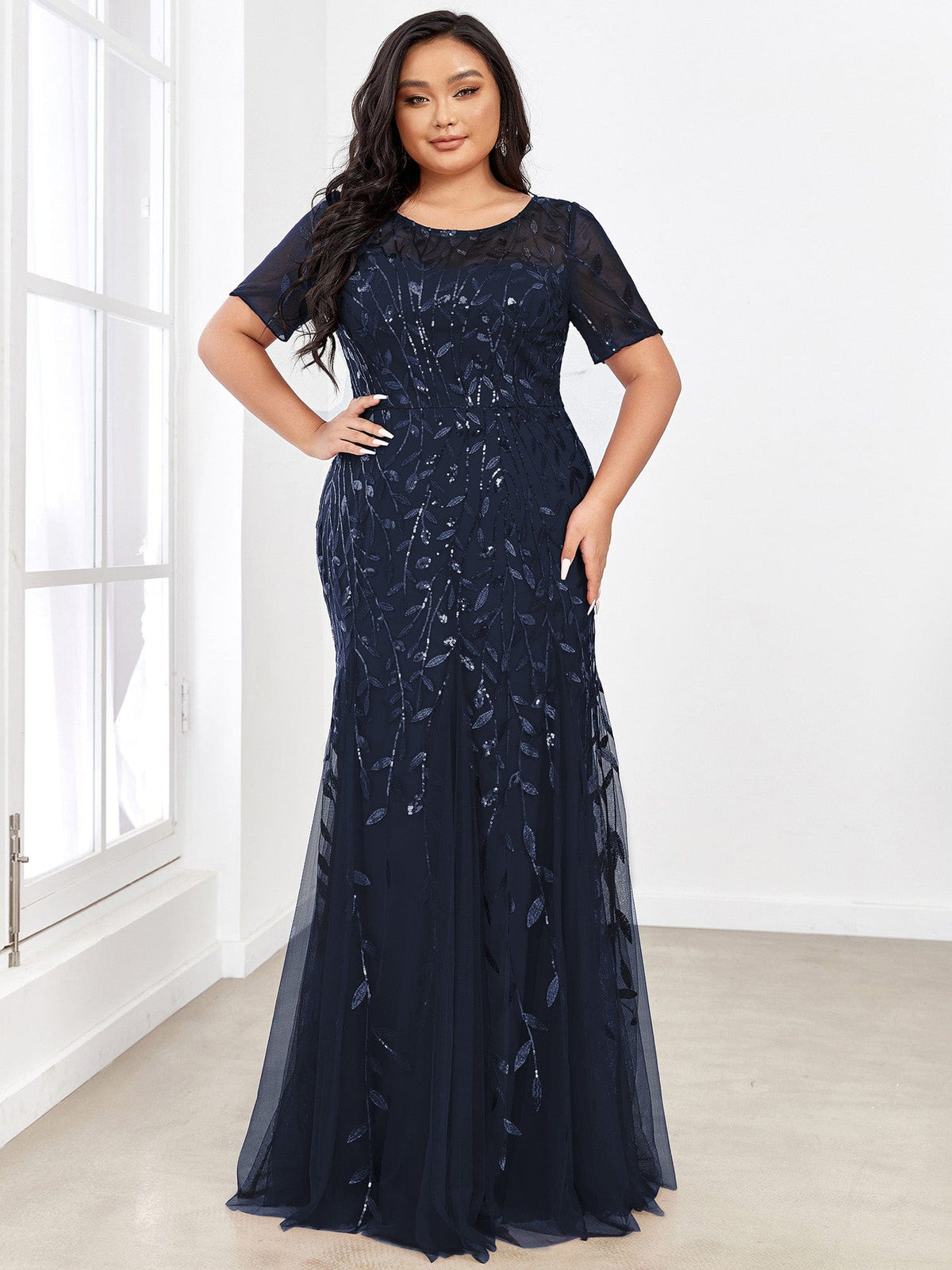 Custom Size Floral Sequin Maxi Fishtail Tulle Prom Dress #color_Navy Blue