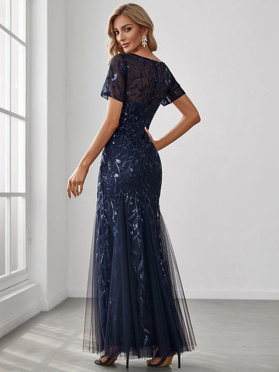 Floral Sequin Maxi Fishtail Tulle Prom Dress with Half Sleeve #Color_Navy Blue