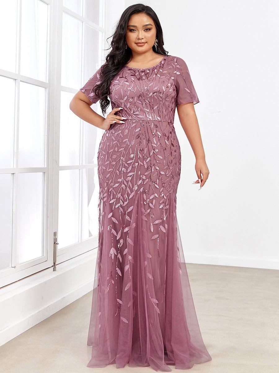 Floral Sequin Maxi Fishtail Tulle Prom Dress with Half Sleeve #Color_Purple Orchid