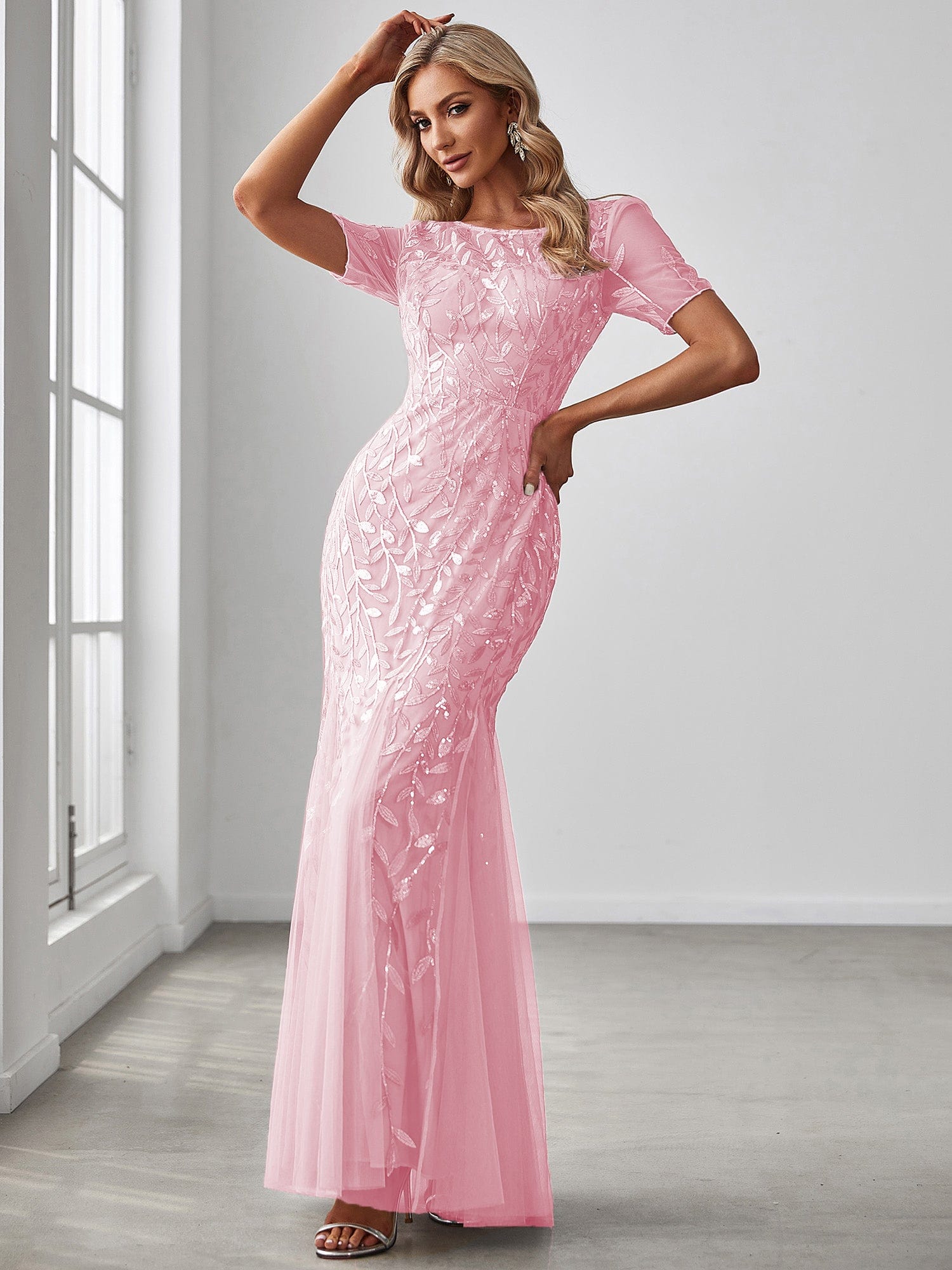 Custom Size Floral Sequin Maxi Fishtail Tulle Prom Dress #color_Pink