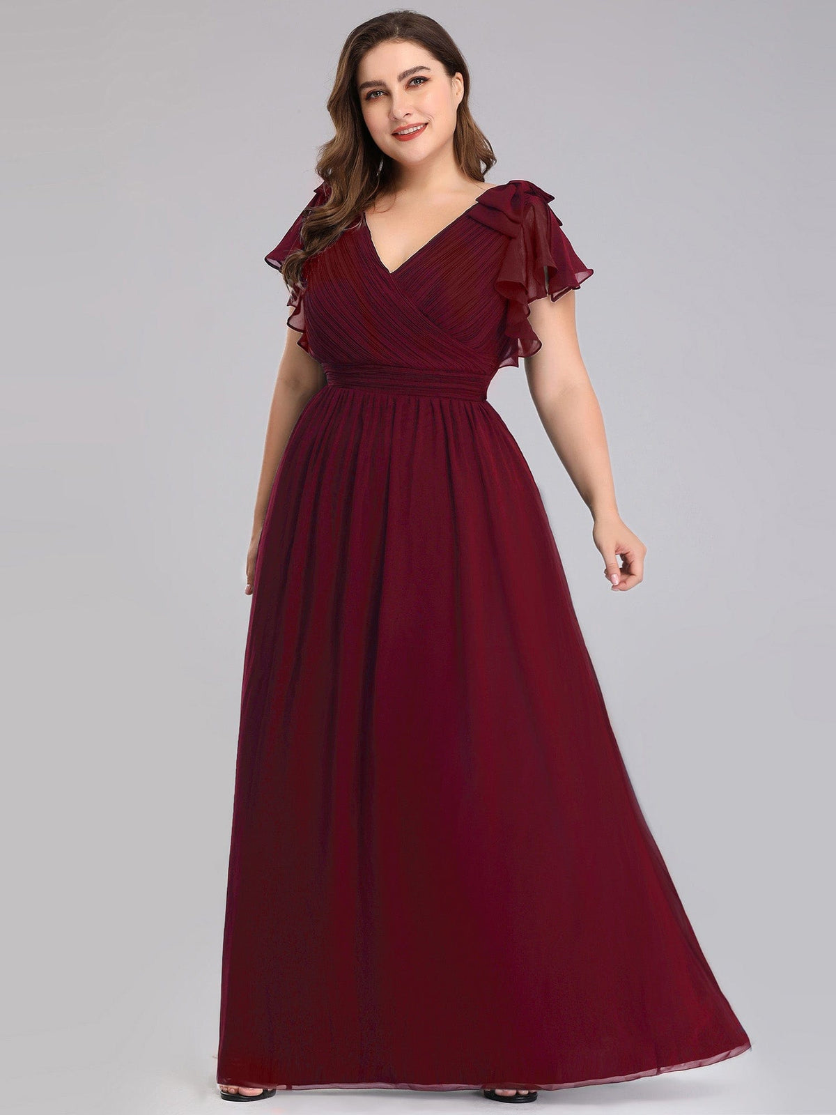 Custom Size Elegant Pleated Ruffles Sleeves Chiffon Evening Dress #color_Burgundy