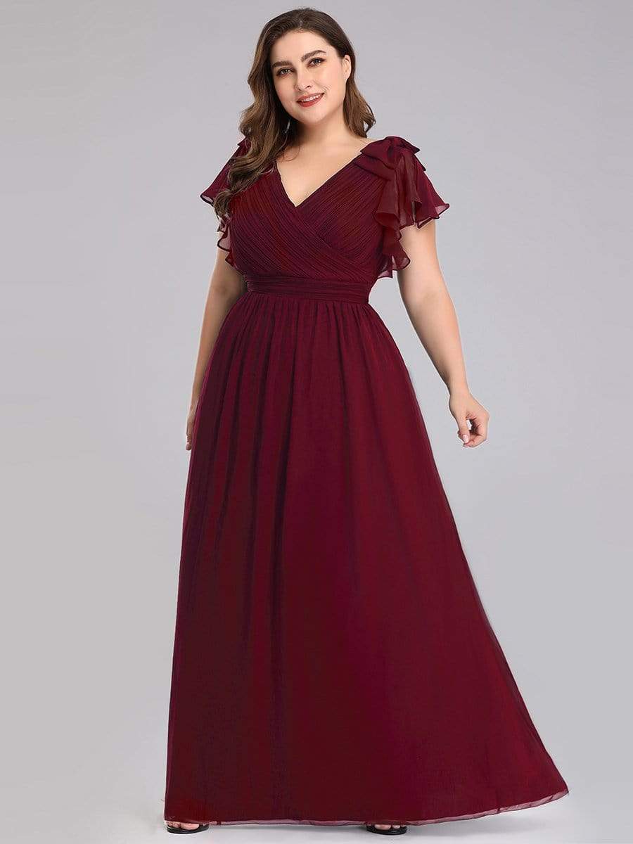 Plus Size Ruched Bodice Formal Evening Dresses with Ruffles Sleeves #color_Burgundy 