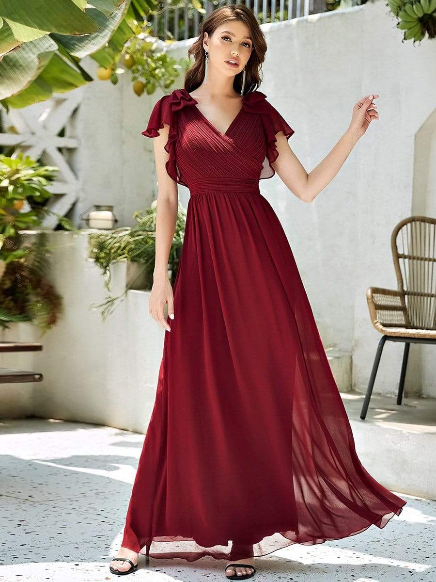 Elegant Pleated Bodice Ruffles Sleeves Chiffon Evening Dress #color_Burgundy 