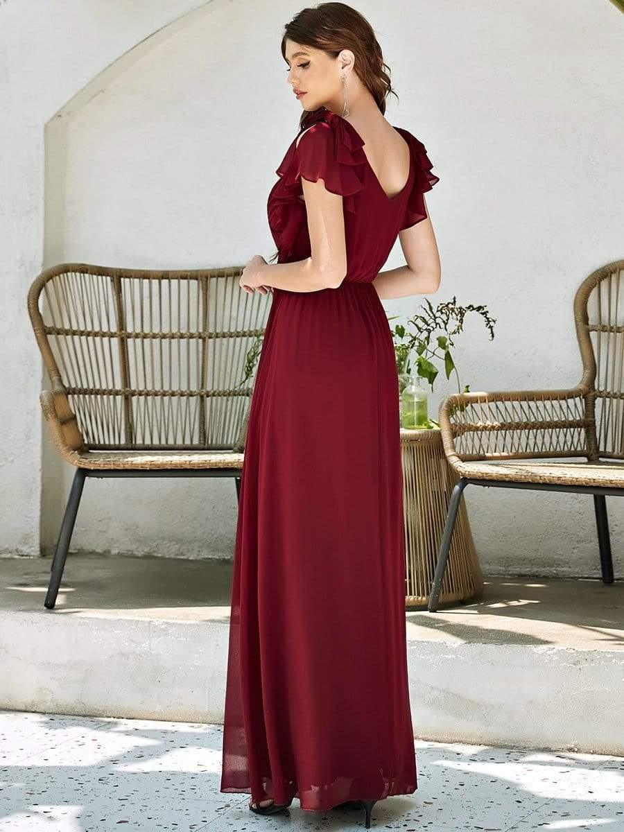 Elegant Pleated Bodice Ruffles Sleeves Chiffon Evening Dress #color_Burgundy 