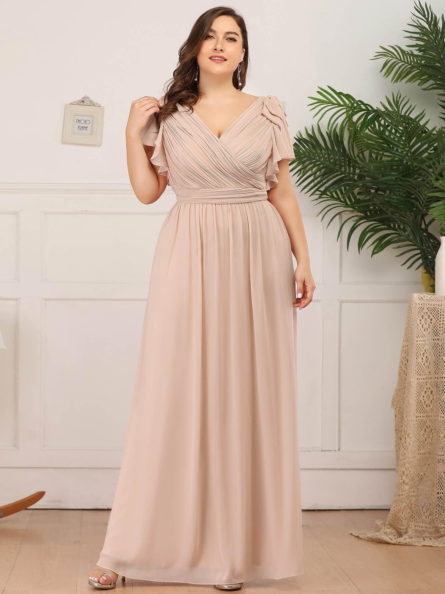 Custom Size Elegant Pleated Ruffles Sleeves Chiffon Evening Dress