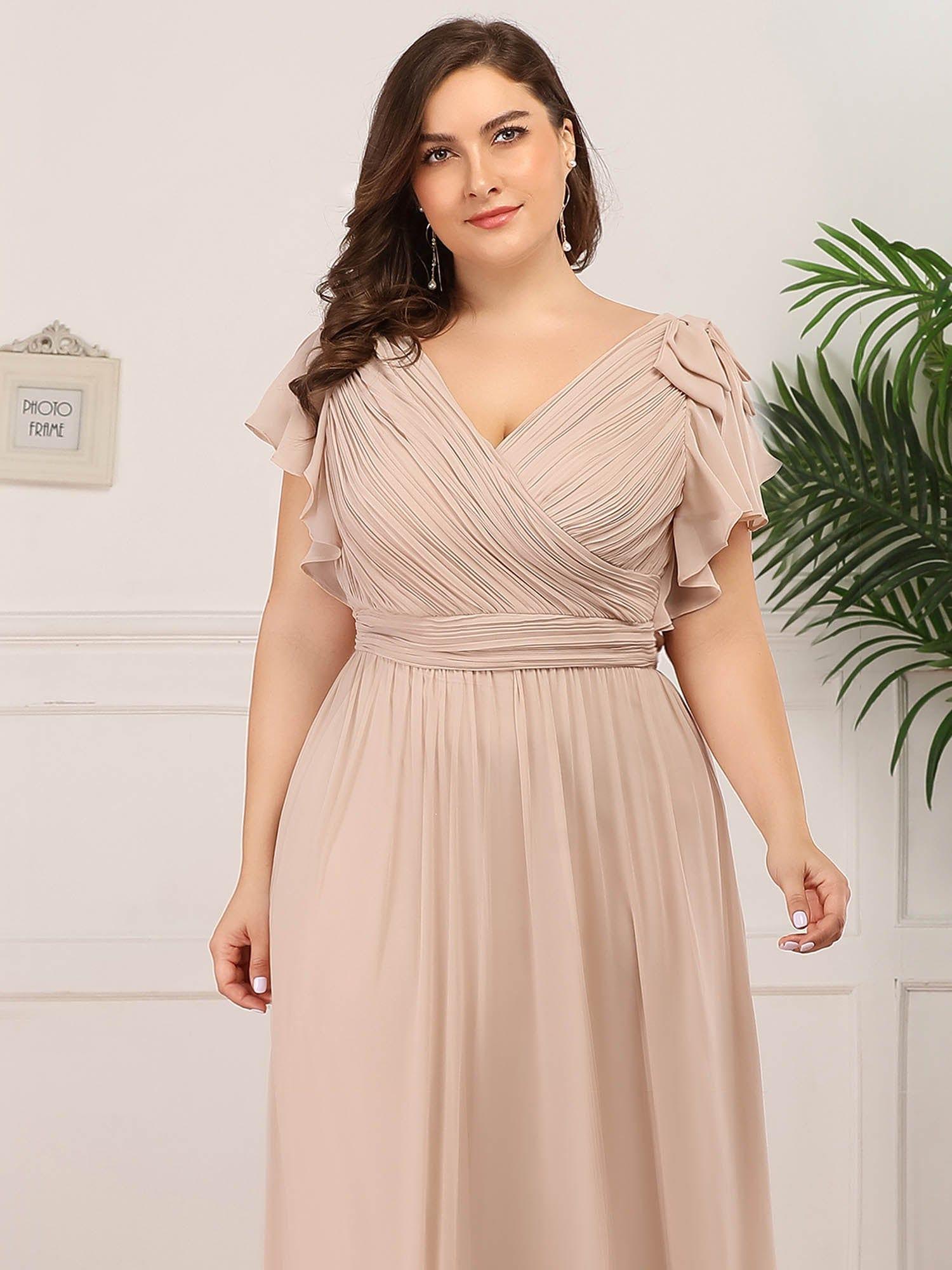 Custom Size Elegant Pleated Ruffles Sleeves Chiffon Evening Dress