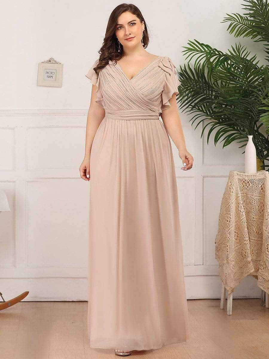 Plus Size Ruched Bodice Formal Evening Dresses with Ruffles Sleeves #color_Blush 