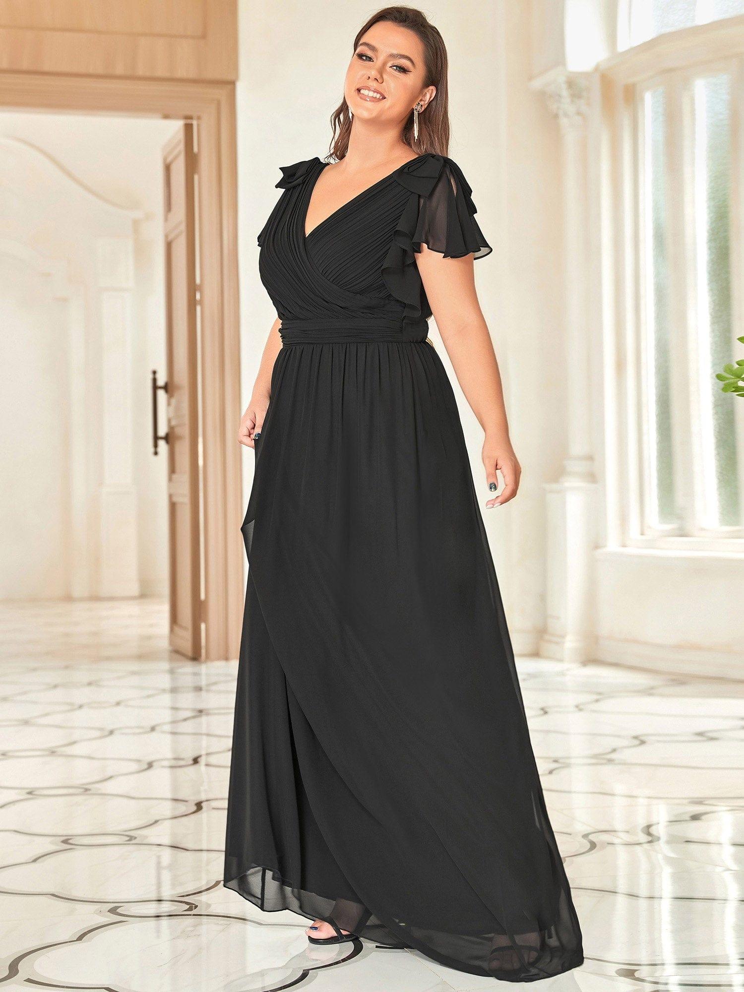 Custom Size Elegant Pleated Ruffles Sleeves Chiffon Evening Dress