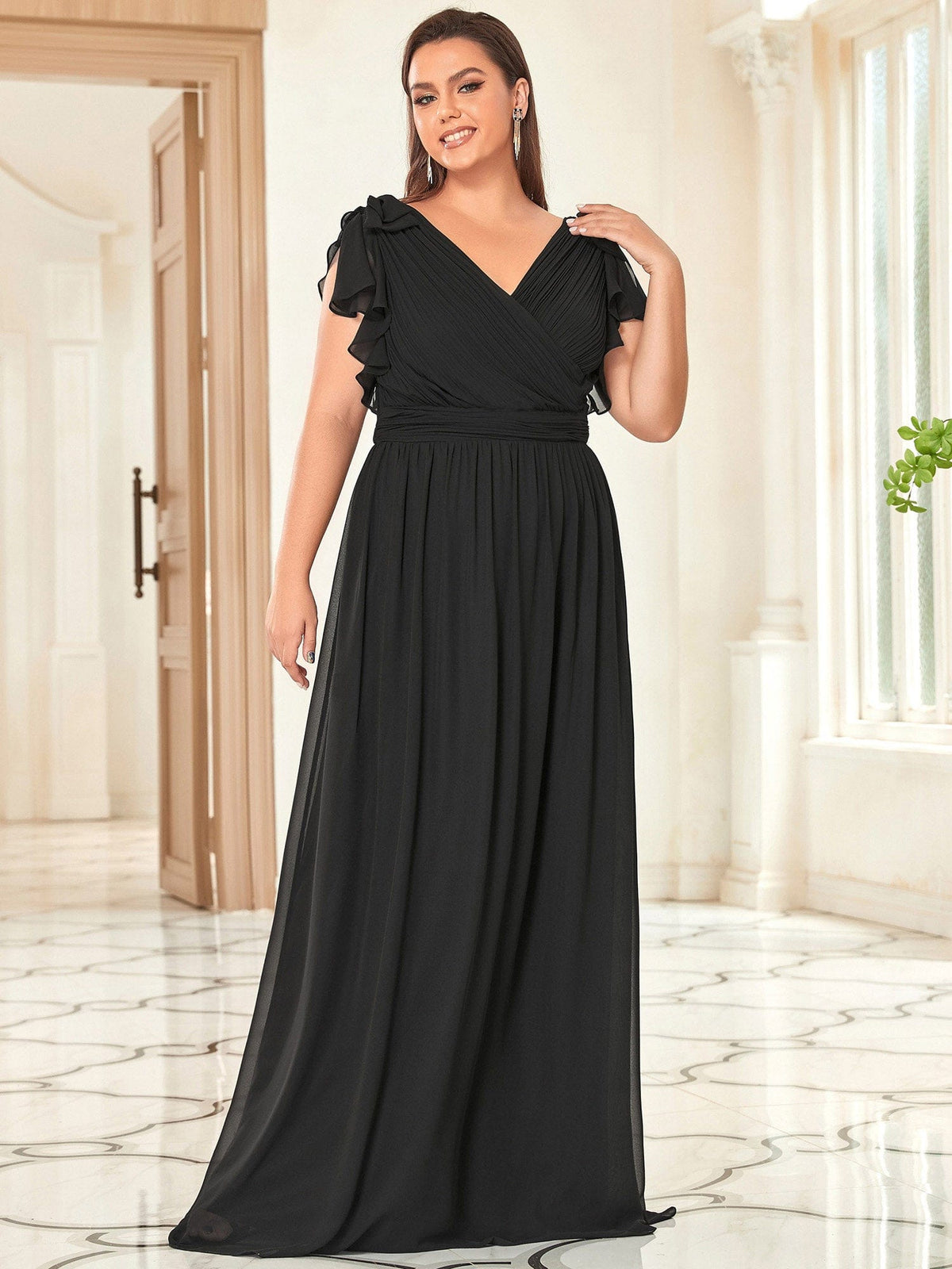 Custom Size Elegant Pleated Ruffles Sleeves Chiffon Evening Dress #color_Black
