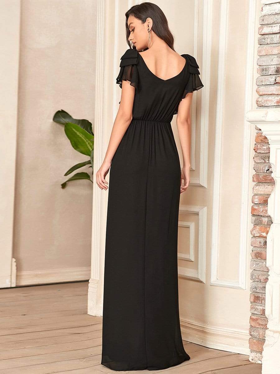 Elegant Pleated Bodice Ruffles Sleeves Chiffon Evening Dress #color_Black 