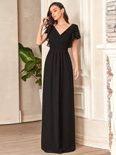 Elegant Pleated Bodice Ruffles Sleeves Chiffon Evening Dress #color_Black 
