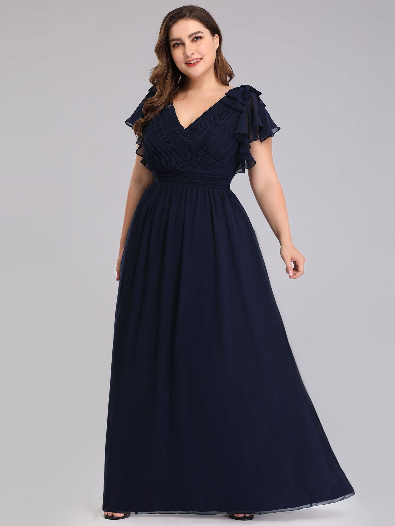 Custom Size Elegant Pleated Ruffles Sleeves Chiffon Evening Dress #color_Navy Blue