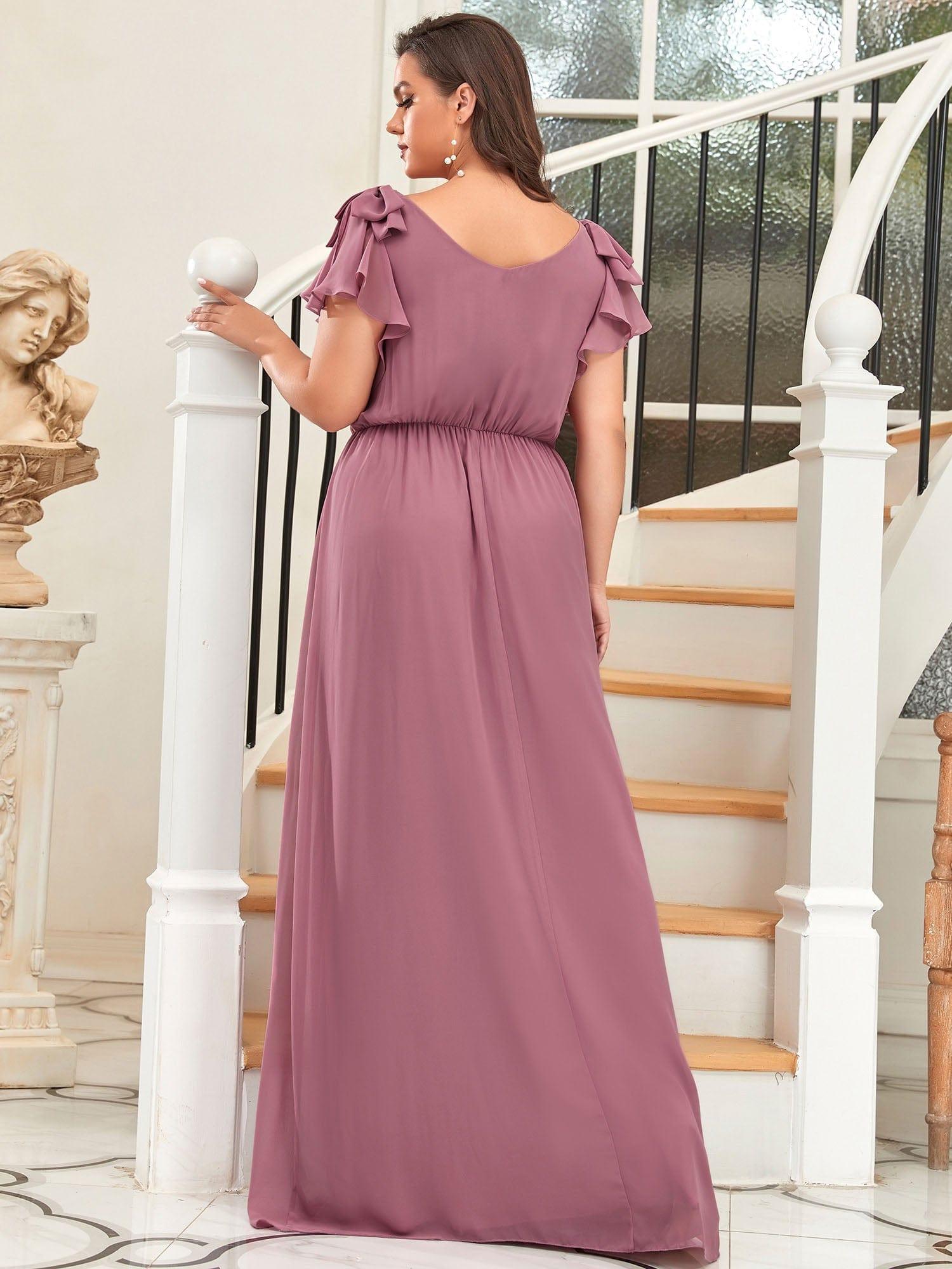 Custom Size Elegant Pleated Ruffles Sleeves Chiffon Evening Dress