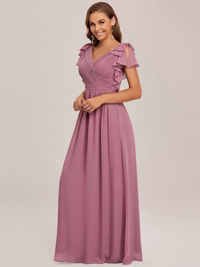 Long Chiffon Dress with V Neck & Pleated Upper Bodice Brown main image 1