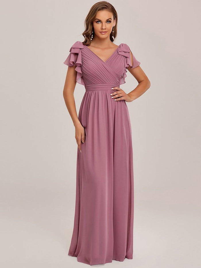 Elegant Midi Length Ruffles Sleeves Chiffon Dresses Empire Waist Evening Dresses with Belt