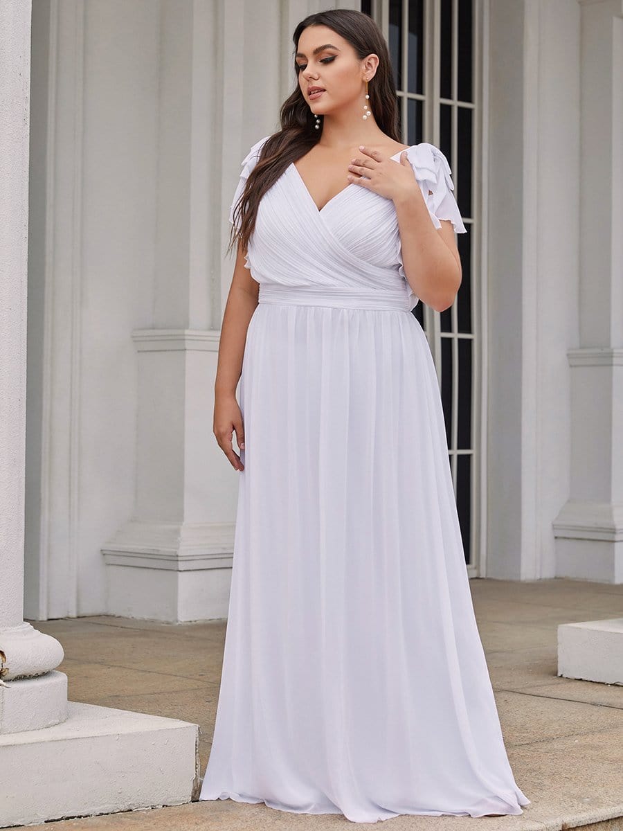 Plus Size Ruched Bodice Formal Evening Dresses with Ruffles Sleeves #color_White 