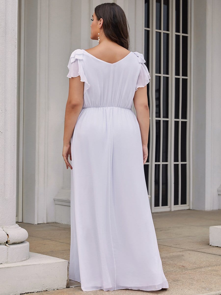 Plus Size Ruched Bodice Formal Evening Dresses with Ruffles Sleeves #color_White 