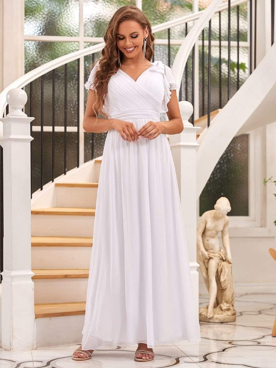 Elegant Pleated Bodice Ruffles Sleeves Chiffon Evening Dress #color_White 